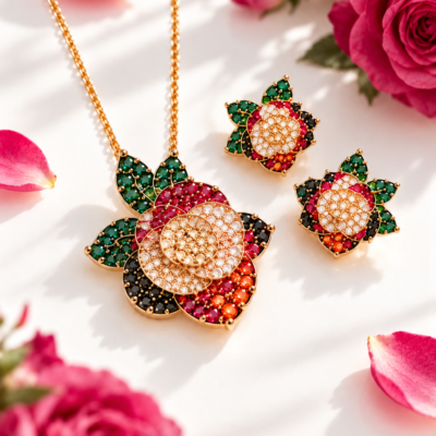 Swarovski Rose Bloom Statement Pendant Set